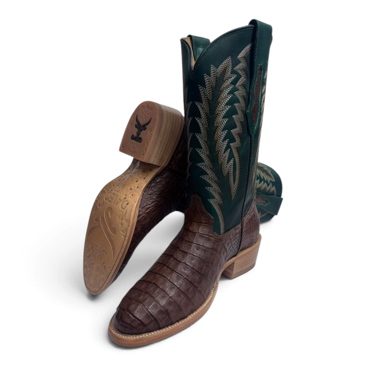 Cowboy City Western Wear Daleo men's brown caiman belly western boots with green leather shafts and yellow stitching.