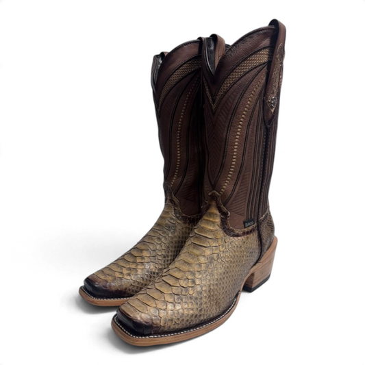 Cowboy City Western Wear Daleo men's genuine python cowboy boots in smoked sand and mocha brown with a cutter toe.