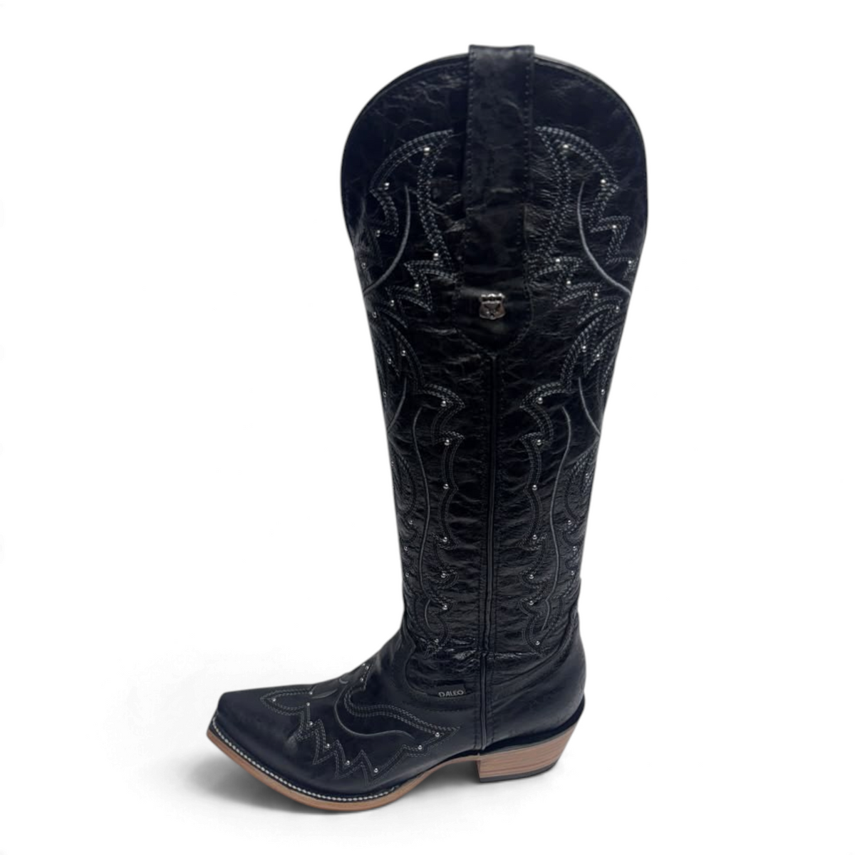 Cowboy City Western Wear Daleo Mayar Roca black leather tall western boots with snip toe and intricate stitching.