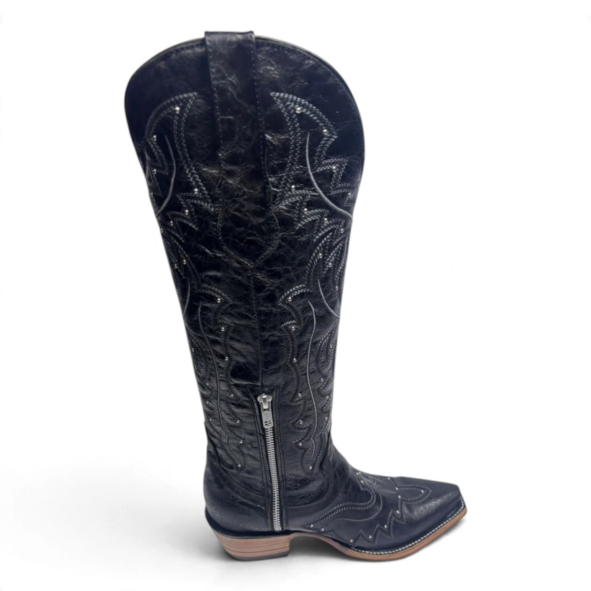 Cowboy City Western Wear black leather tall snip-toe western boots with side zipper and intricate contrast stitching.