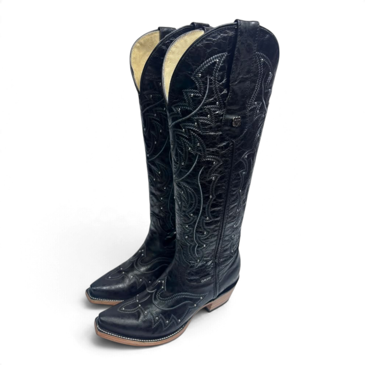 Cowboy City Western Wear Daleo Mayar Roca black leather tall western boots with snip toe and intricate stitching