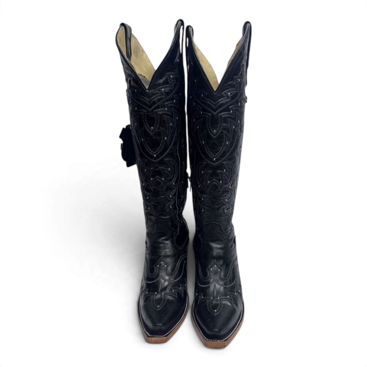 Cowboy City Western Wear Daleo Mayar Roca black leather tall western boots with snip toe and intricate stitching