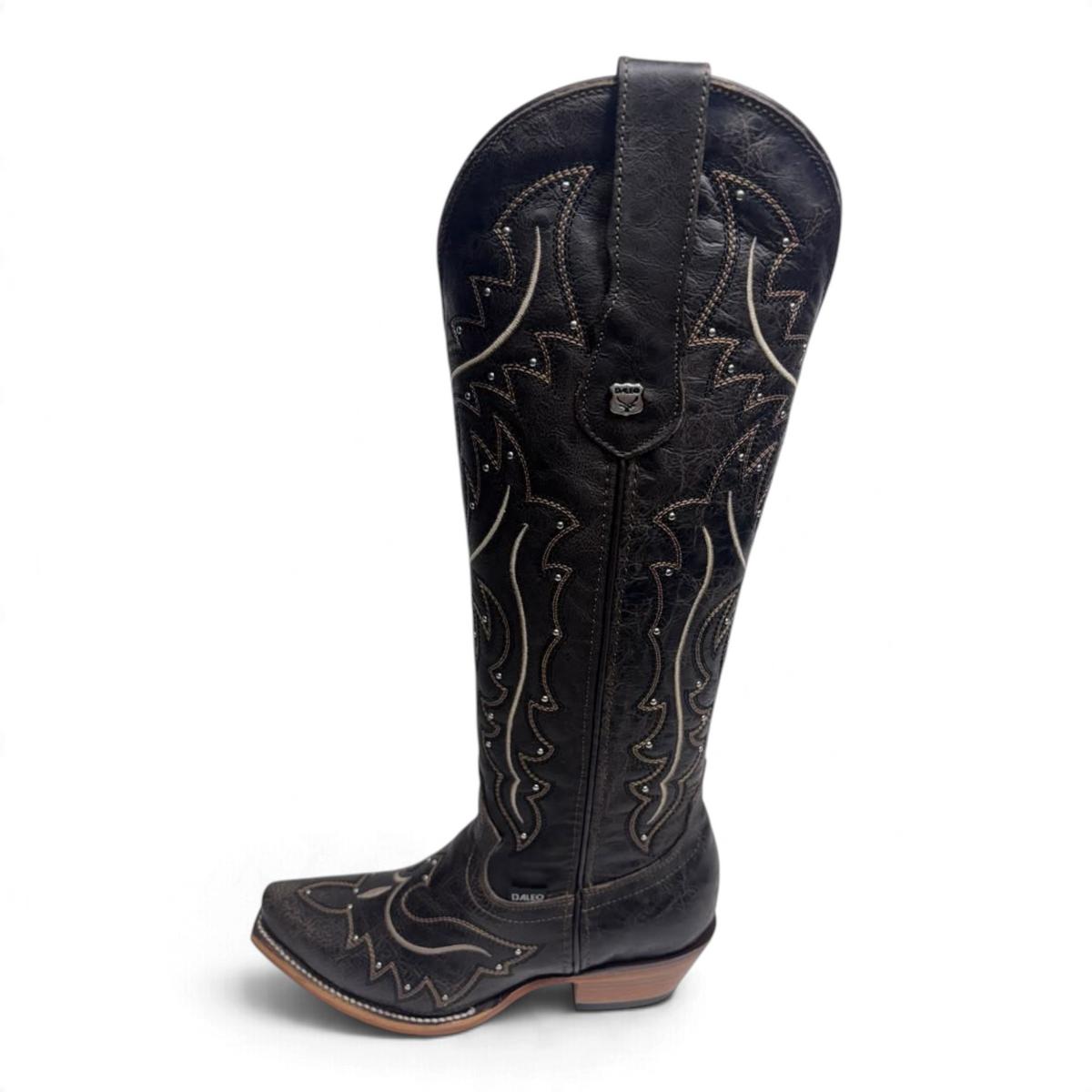 Cowboy City Western Wear Daleo Mayar Roca tall black leather western boots with snip toe and intricate stitching.