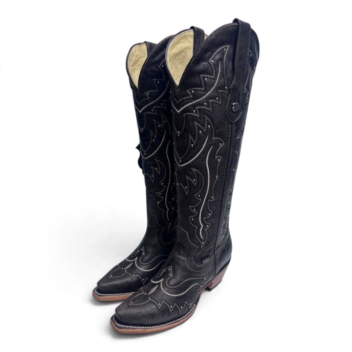Cowboy City Western Wear Daleo Mayar Roca tall black leather western boots with snip toe and decorative stitching.