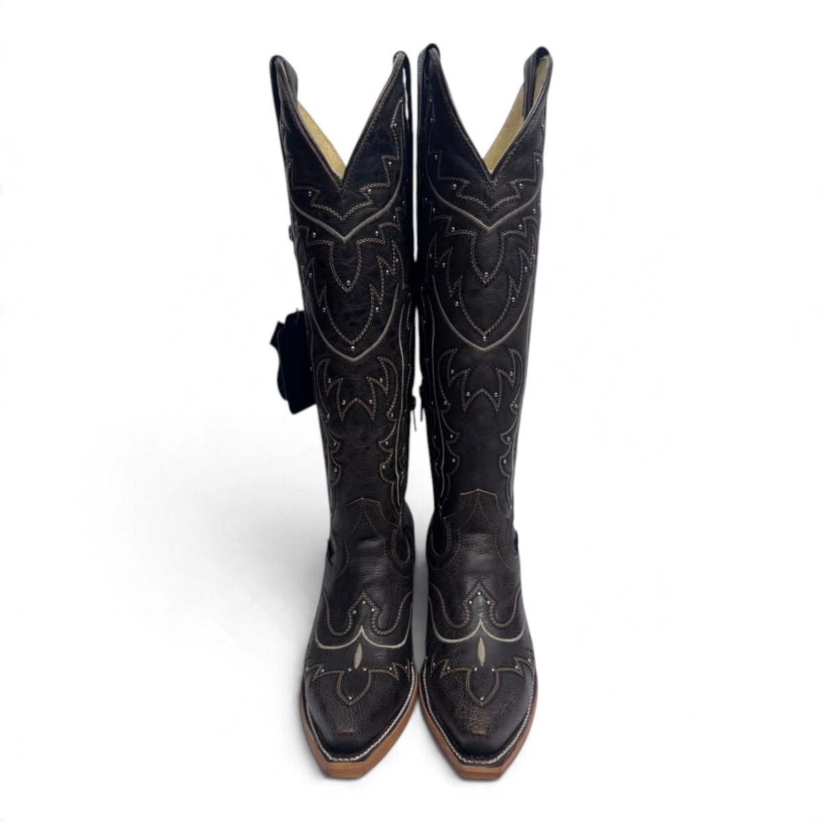Cowboy City Western Wear Daleo Mayar Roca tall black leather western boots with snip toe and intricate stitching.