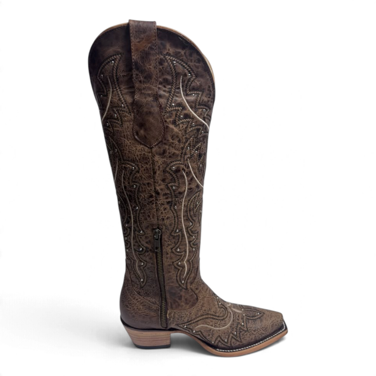 Cowboy City Western Wear Daleo Mayar Roca tall brown leather western boots with snip toe and intricate stitching