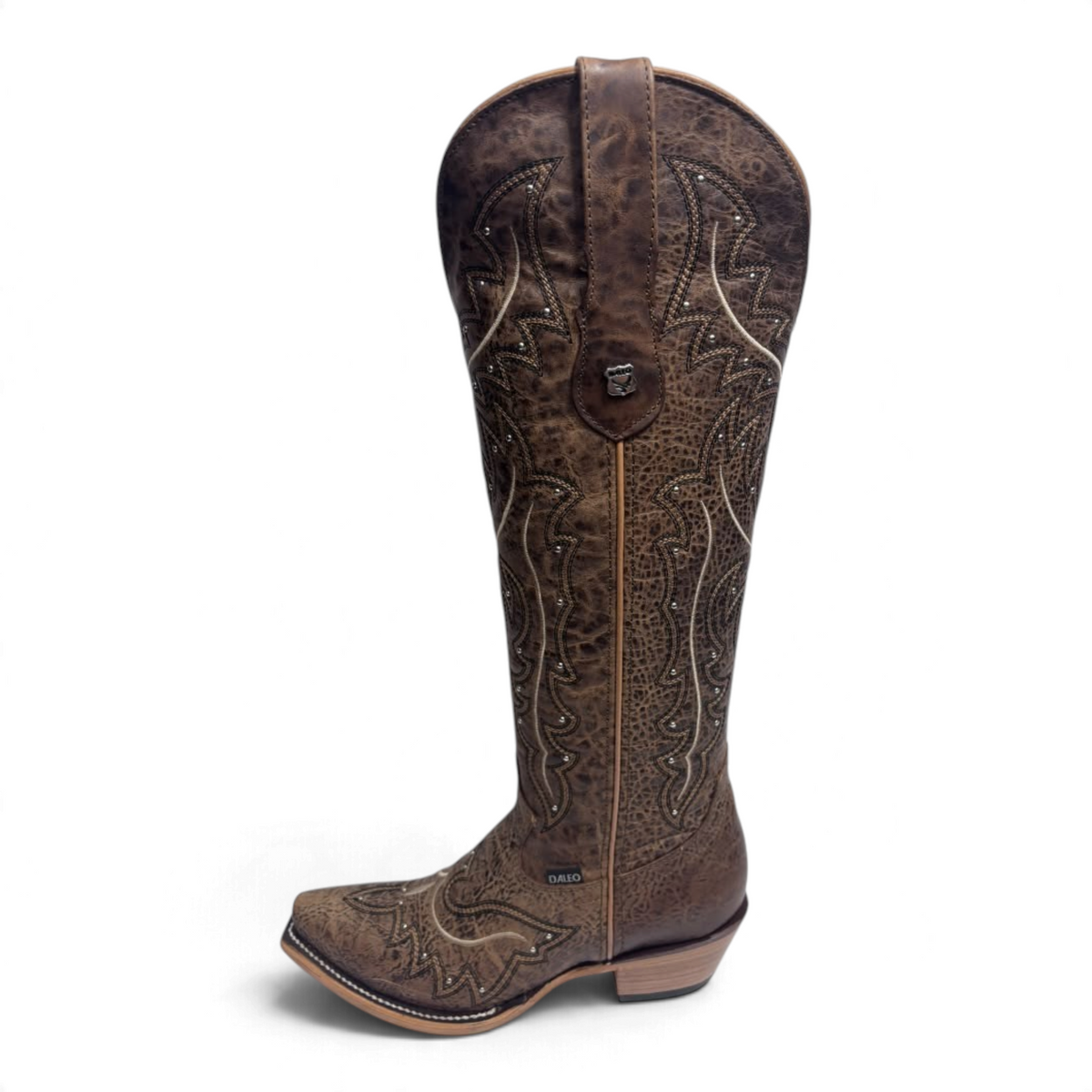 Cowboy City Western Wear Daleo Mayar Roca tall brown leather western boots with snip toe and intricate stitching.