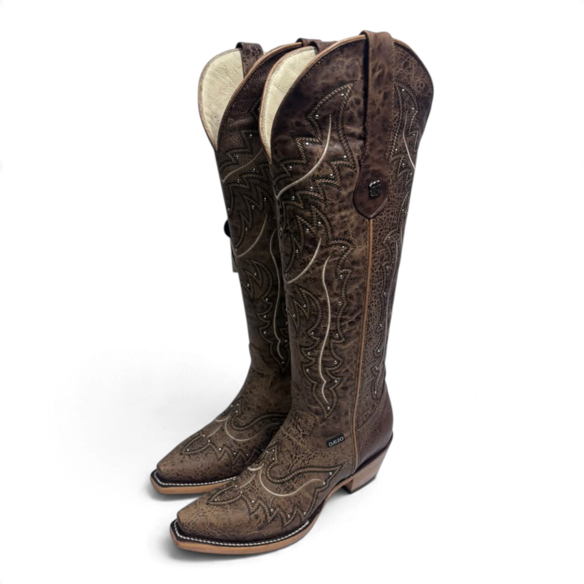 Cowboy City Western Wear Daleo Mayar Roca tall brown leather western boots with snip toe and intricate stitching