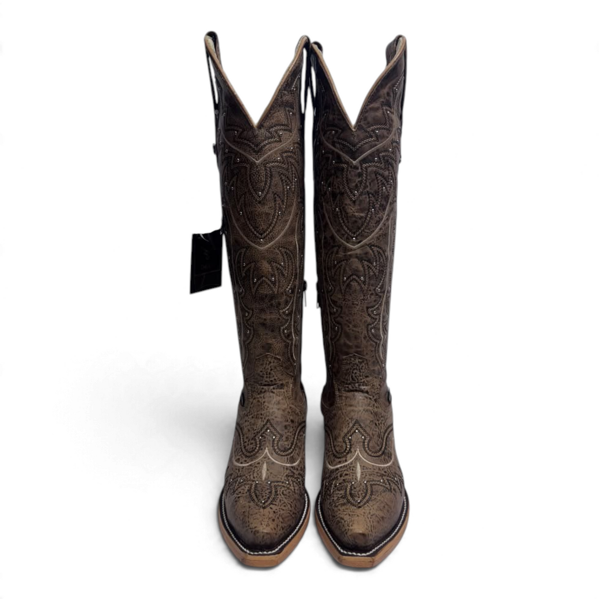 Cowboy City Western Wear Daleo Mayar Roca tall brown leather western boots with snip toe and intricate embroidery.