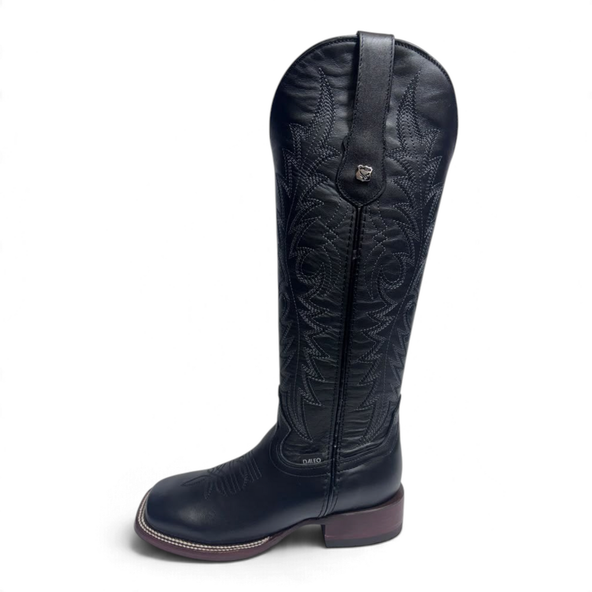 Cowboy City Western Wear Daleo black leather tall western boots with square toe and intricate shaft stitching