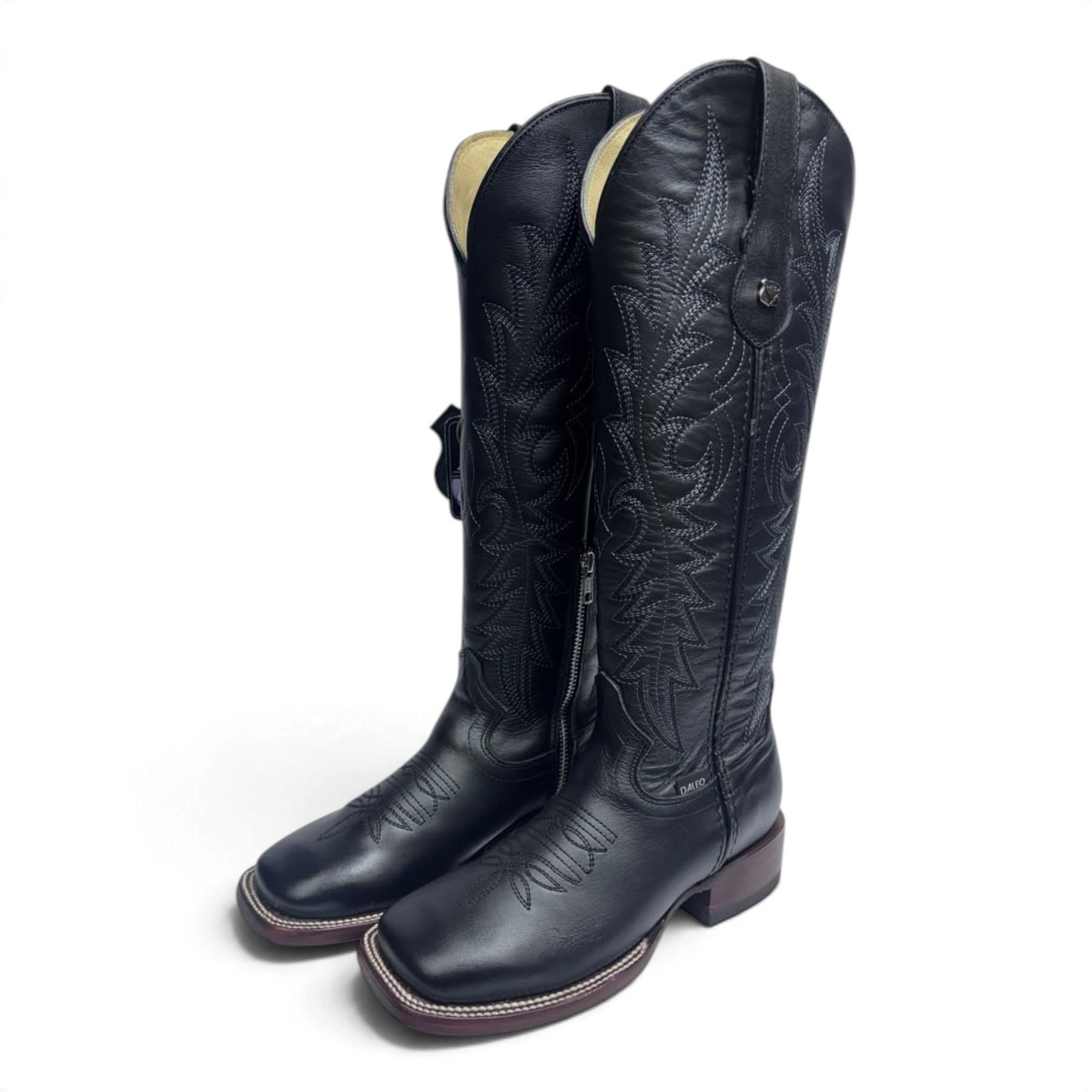 Cowboy City Western Wear Daleo Rubi Frizon black leather tall western boots with square toe and decorative stitching