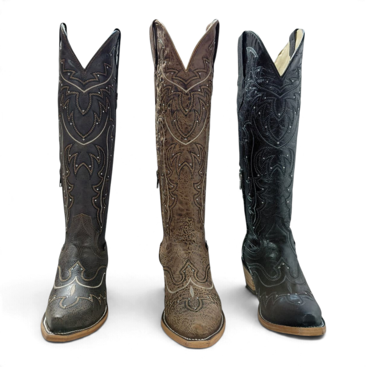 Cowboy City Western Wear Daleo Mayar Roca tall leather western boots in black, brown, and tan with snip toes.