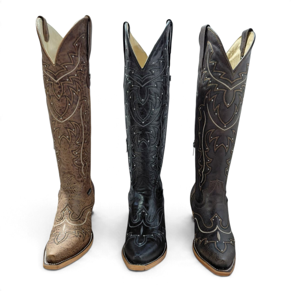 Cowboy City Western Wear Daleo Mayar Roca tall leather western boots in paja, black, and cafe brown with snip toes.