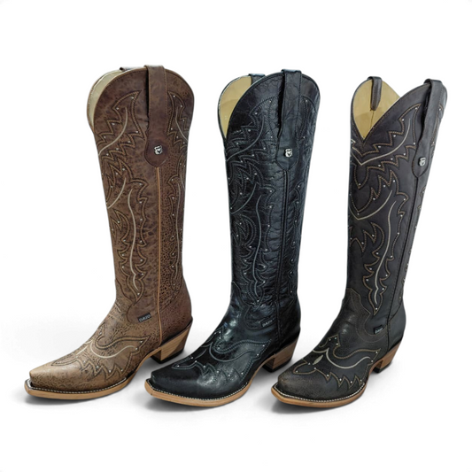 Cowboy City Western Wear Daleo Mayar Roca tall leather western boots in tan, black, and dark brown with snip toes.