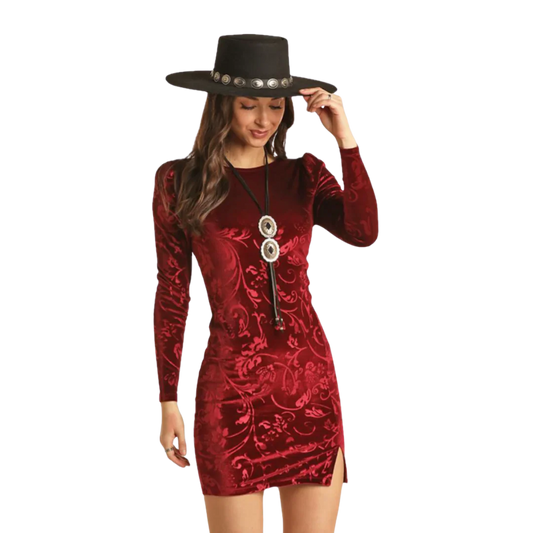 Rock & Roll Denim Ladies Embossed Velvet Burgundy Dress BWD2R02955