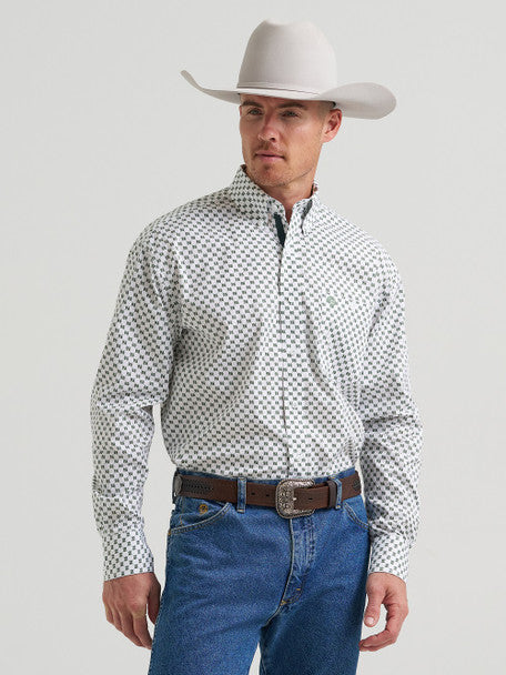 Wrangler Men's George Strait Green Print Performance Long Sleeve Button-Down Shirt 112385367