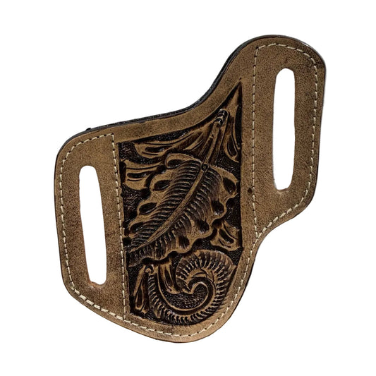 Hand-Tooled Floral Leather Knife Sheath Belt Holder Natural Brown
