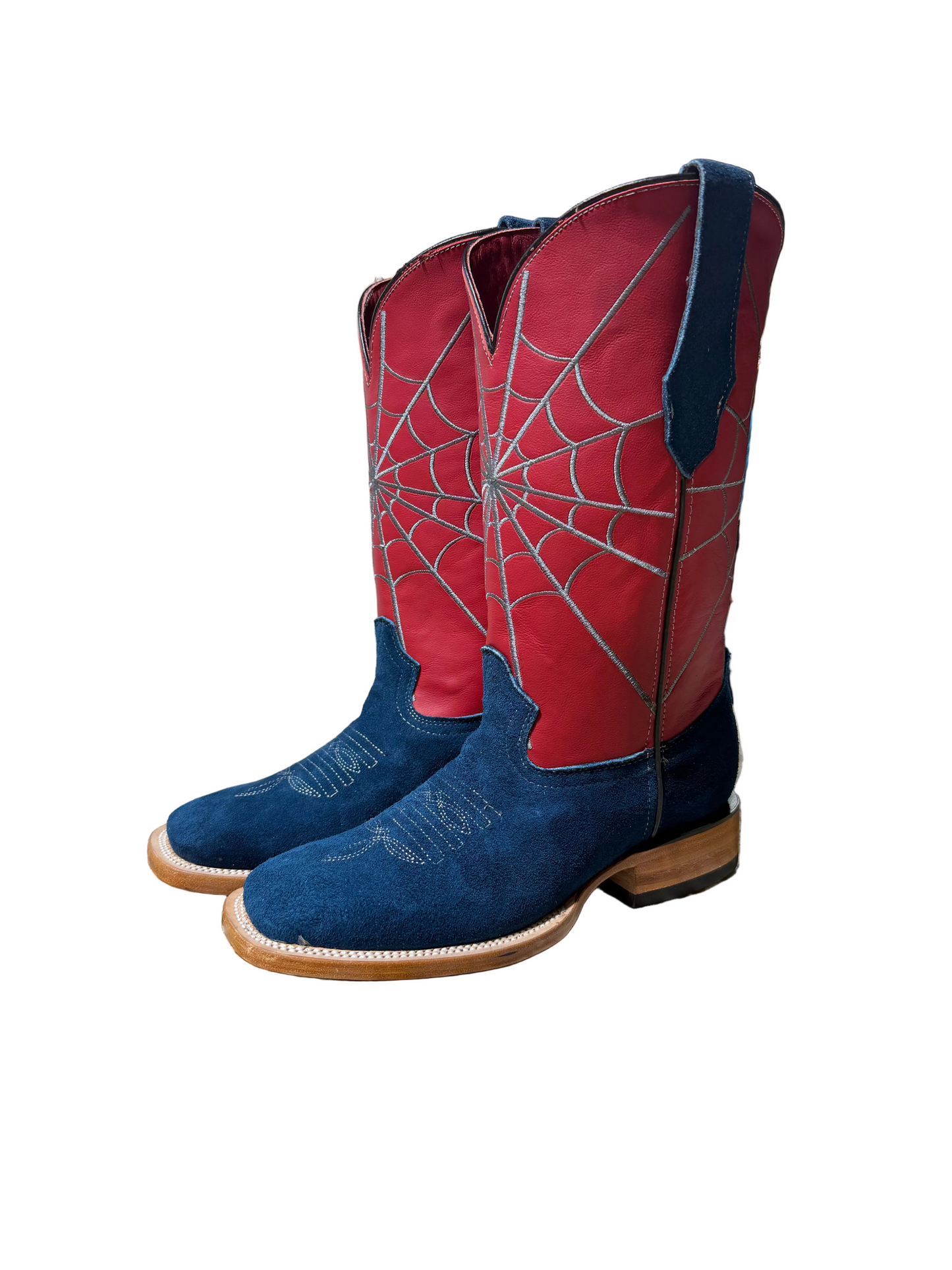 Blue Suede Spiderweb Cowboy Boots with Red Shaft
