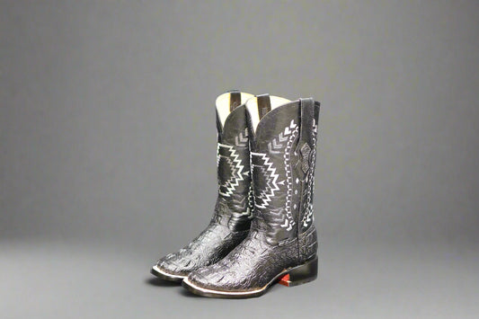 Men’s Square Toe Cowboy Boots – Black Caiman Print Leather – Handmade in Mexico