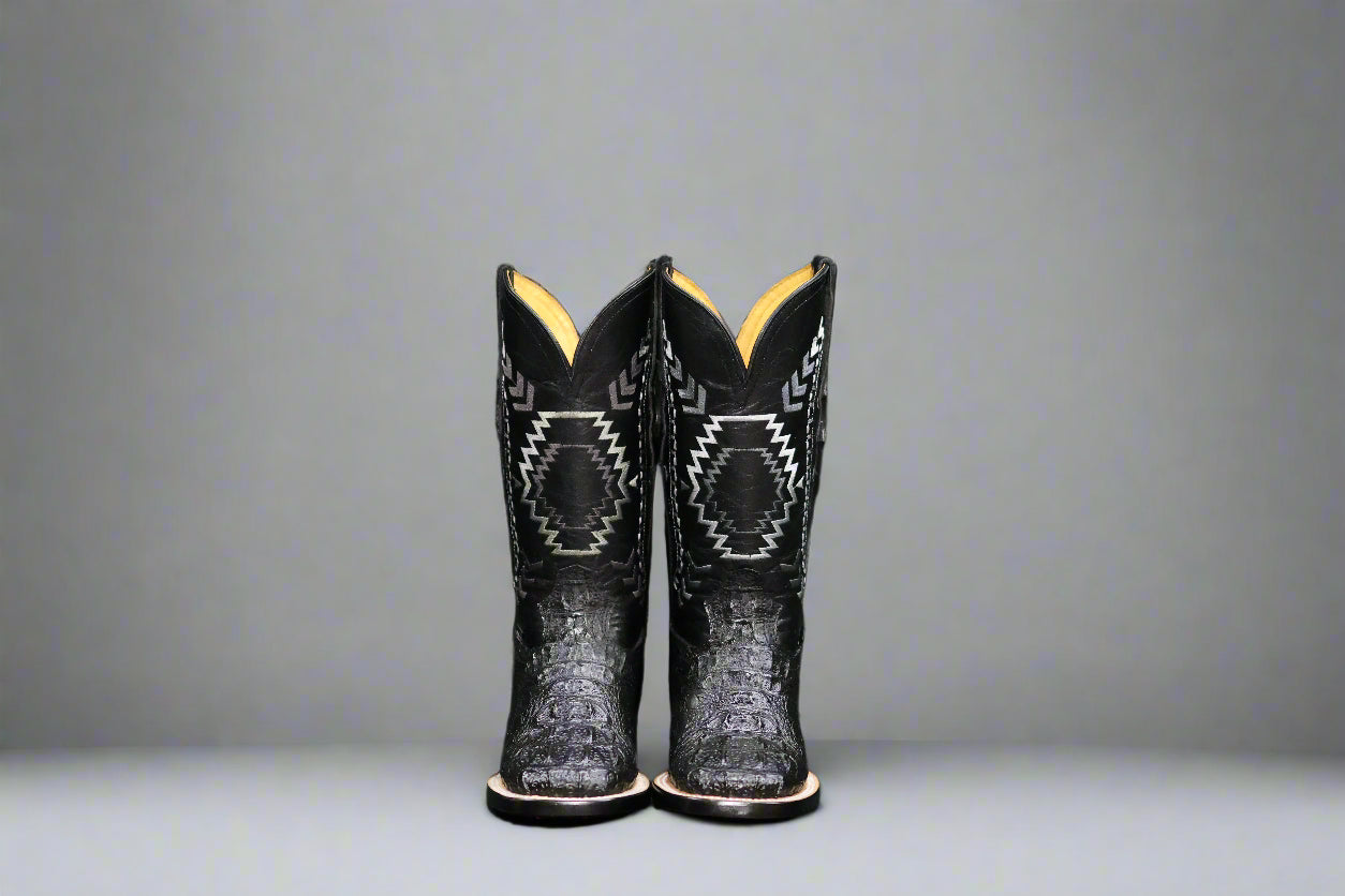 Men’s Square Toe Cowboy Boots – Black Caiman Print Leather – Handmade in Mexico