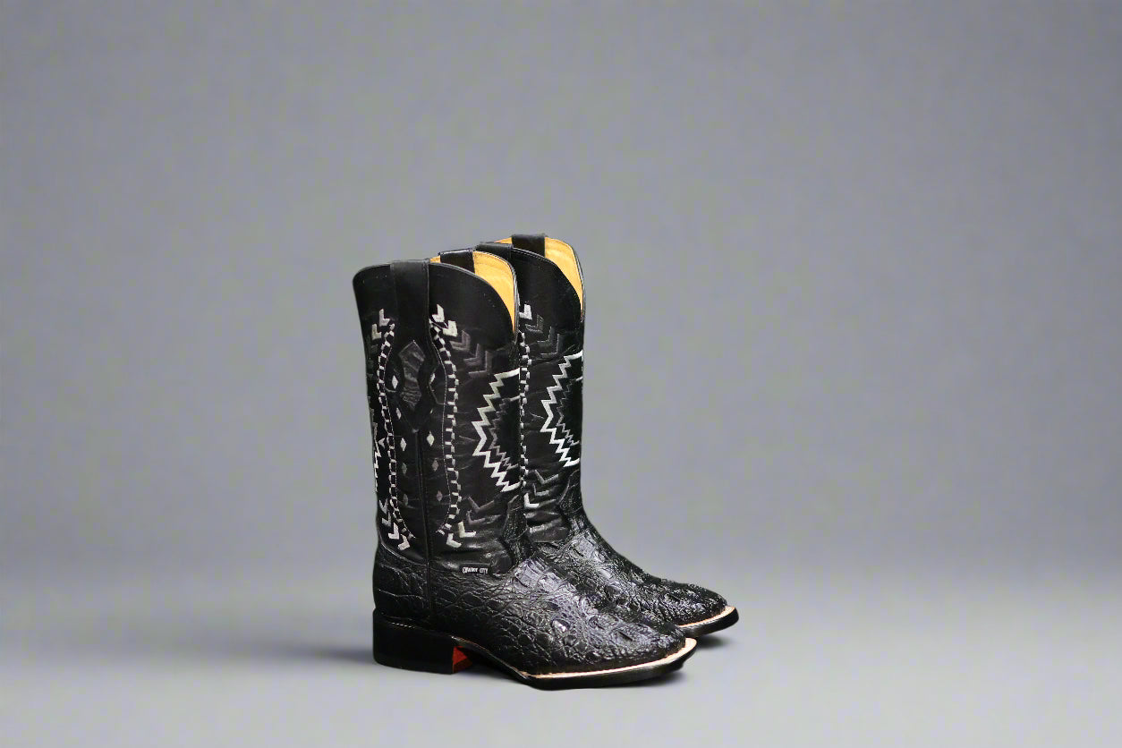 Men’s Square Toe Cowboy Boots – Black Caiman Print Leather – Handmade in Mexico