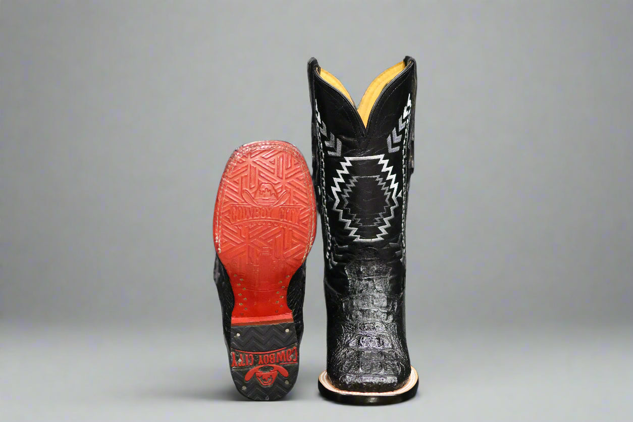 Men’s Square Toe Cowboy Boots – Black Caiman Print Leather – Handmade in Mexico