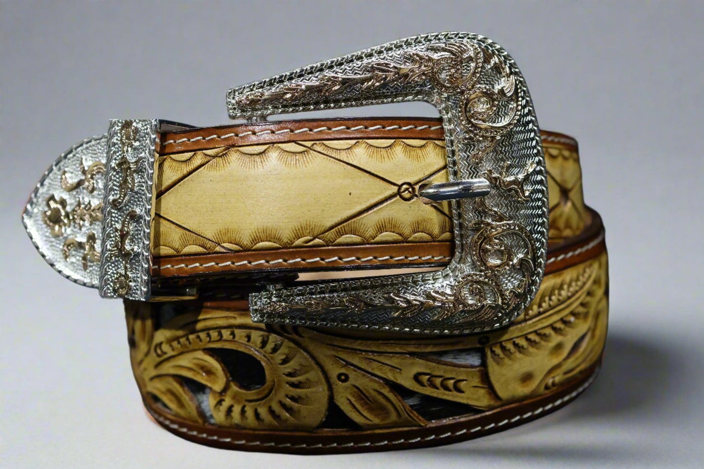 Men’s Western Belt – Hand-Tooled Leather with Calf Hair Inlay & Floral Buckle (Sizes 32–46)