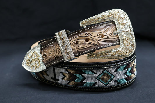 Hand-Tooled Artisanal Breaded Leather Belt – Black (1½" to 2")