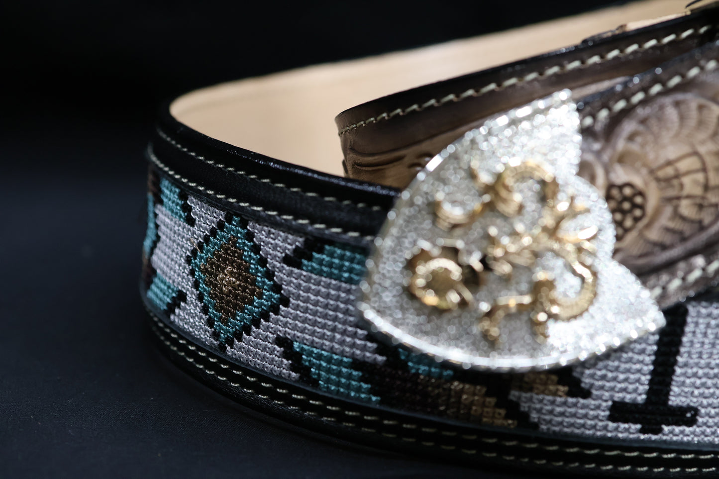 Hand-Tooled Artisanal Breaded Leather Belt – Black (1½" to 2")