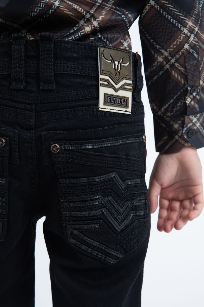 Platini Kids Slim Boot Cut Triple Stitch Signature Pocket Black Denim Pants PHK10770