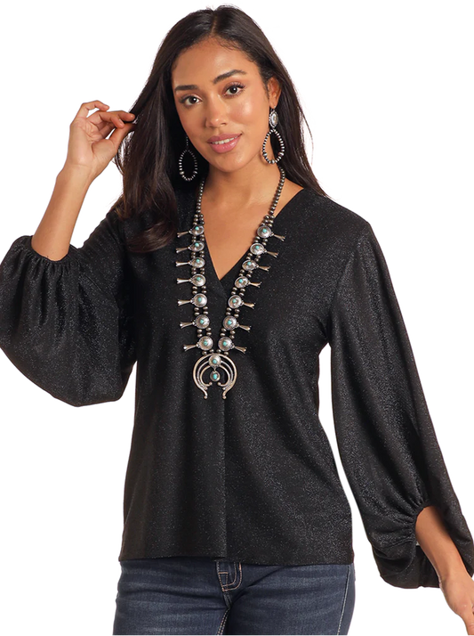Panhandle Black Lurex Balloon Sleeve Top - Extended Sizes LW52T02902