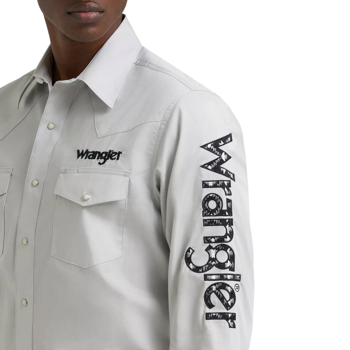 Cowboy City Western Wear men's grey long sleeve Wrangler snap shirt with logo detail on the chest and left sleeve
