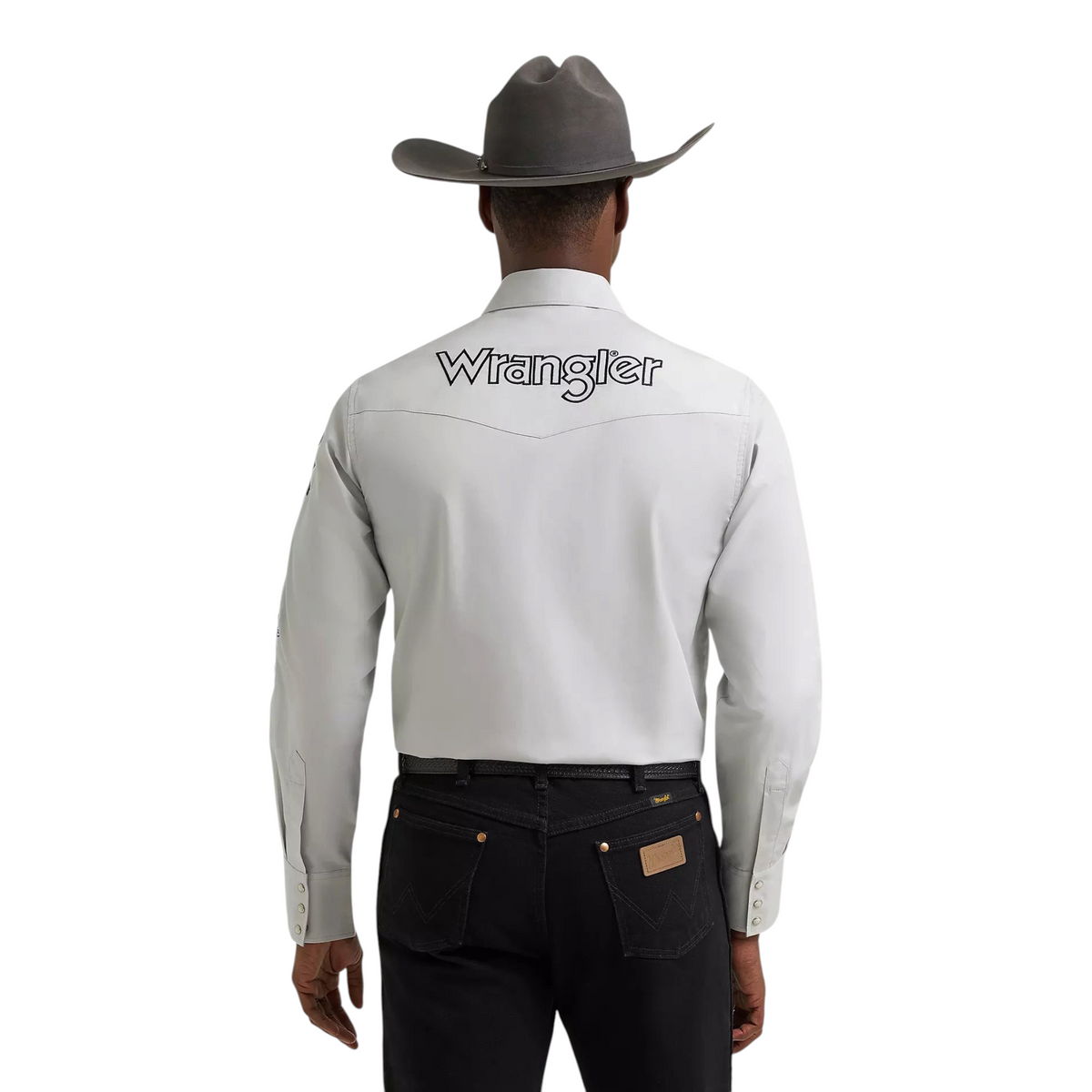 Cowboy City Western Wear men's grey long sleeve Wrangler shirt with back logo and pointed yoke worn with a cowboy hat
