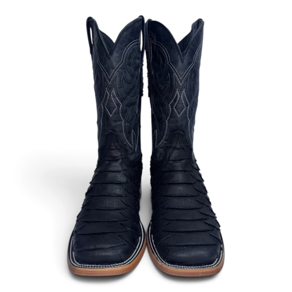 Cowboy City Western Wear black matte python-print leather cowboy boots with a square toe and intricate stitching.