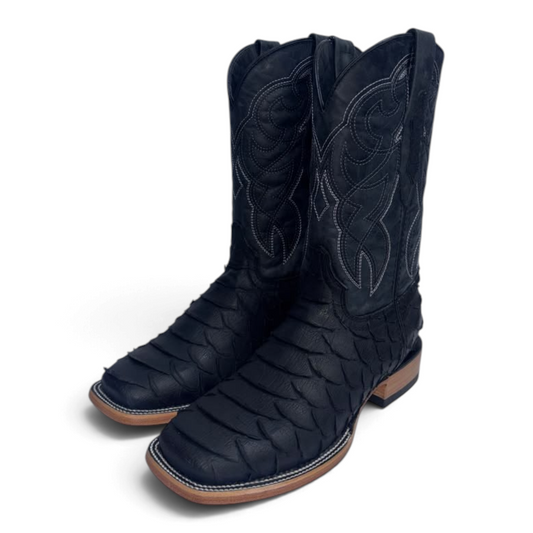 Cowboy City Western Wear black matte python-print leather cowboy boots with a square toe and intricate shaft stitching.