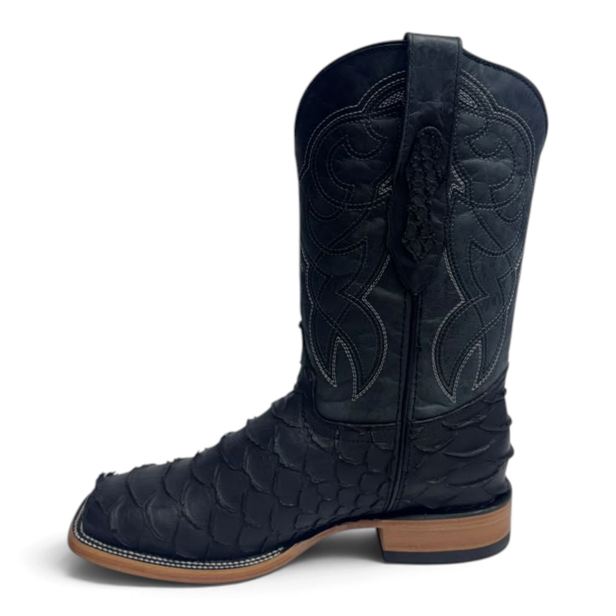 Cowboy City Western Wear black matte jumbo python-print leather cowboy boots with a square toe and western stitching.