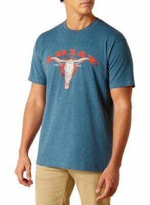 Ariat Mens abilene Skull SS T Shirt Steel Blue Heather 10051392