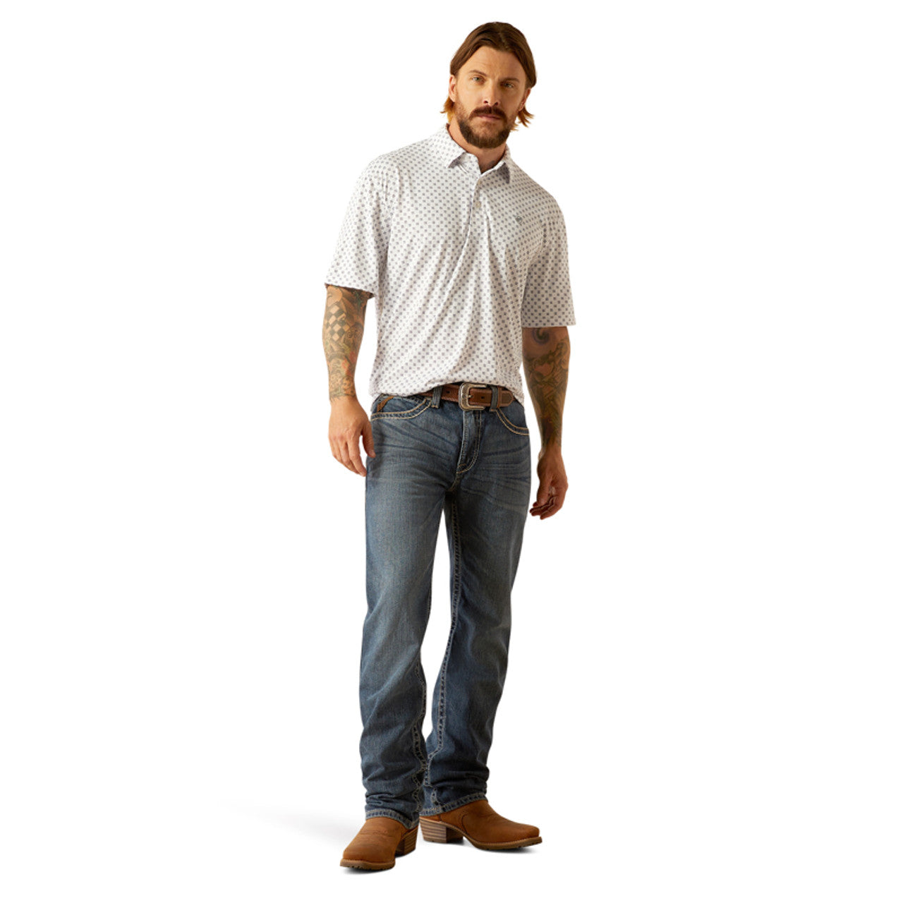 Ariat Mens All Over Print SS Polo White Geo 10055186