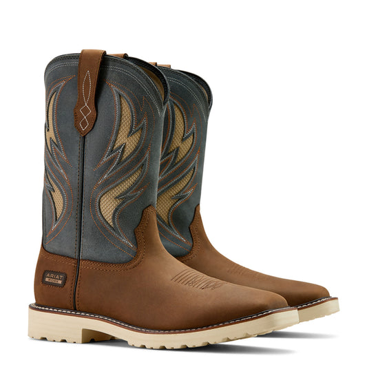 Ariat Men’s Activator Brown and Blue Waterproof Wide Square Soft Toe Work Boots 10061285