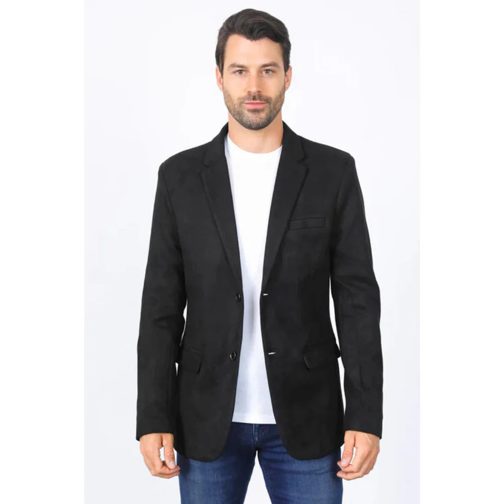 Platini Men’s Double-Button Black Faux Suede Blazer – Slim Fit