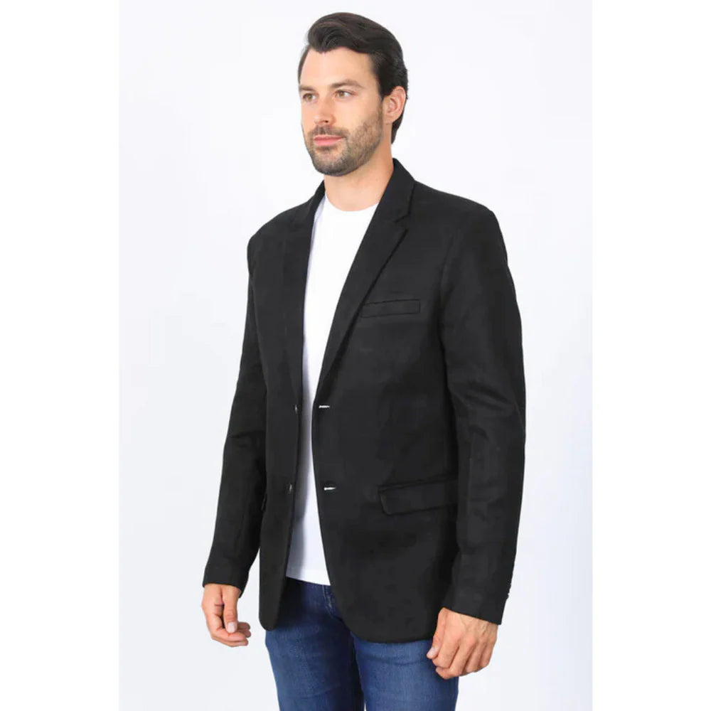 Platini Men’s Double-Button Black Faux Suede Blazer – Slim Fit
