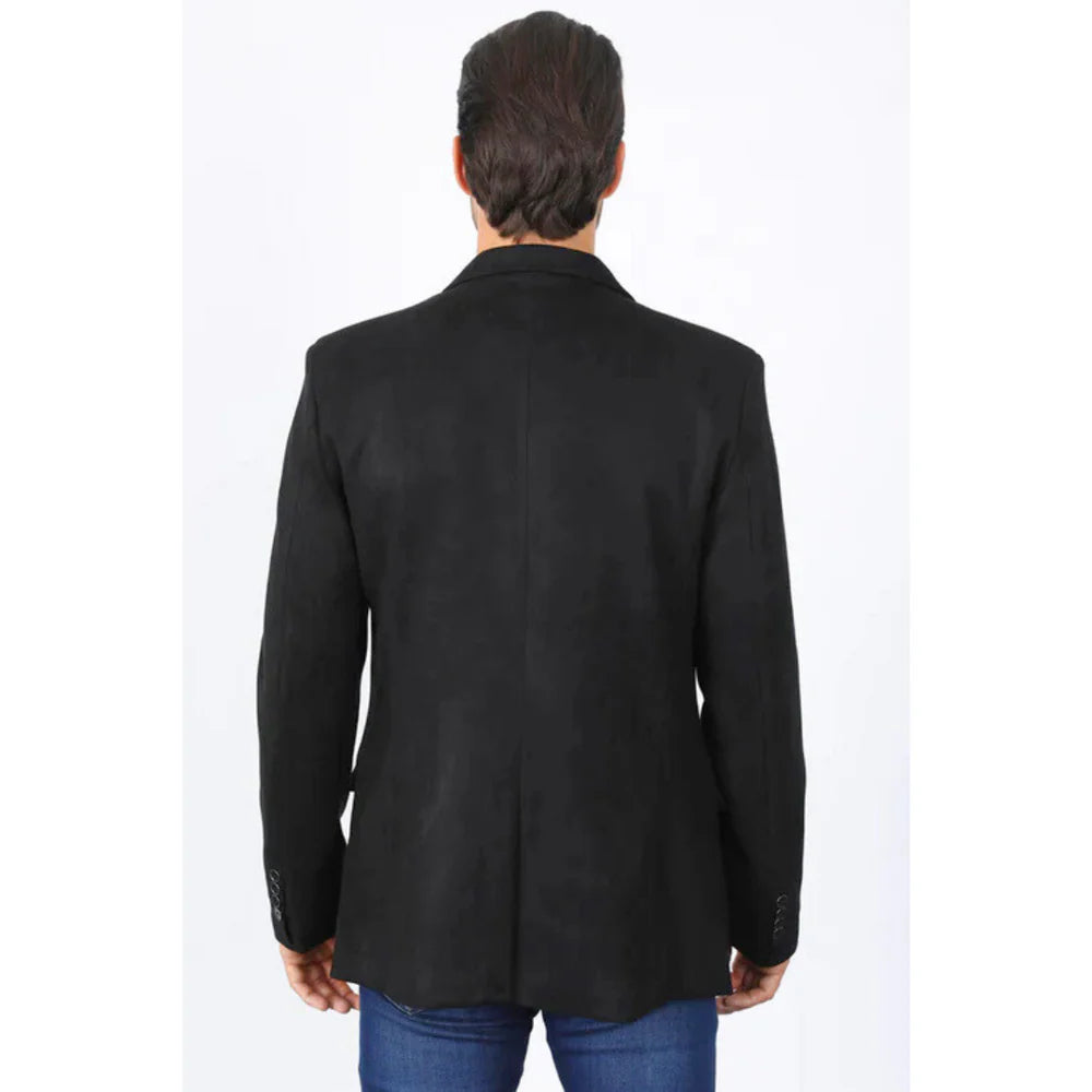 Platini Men’s Double-Button Black Faux Suede Blazer – Slim Fit
