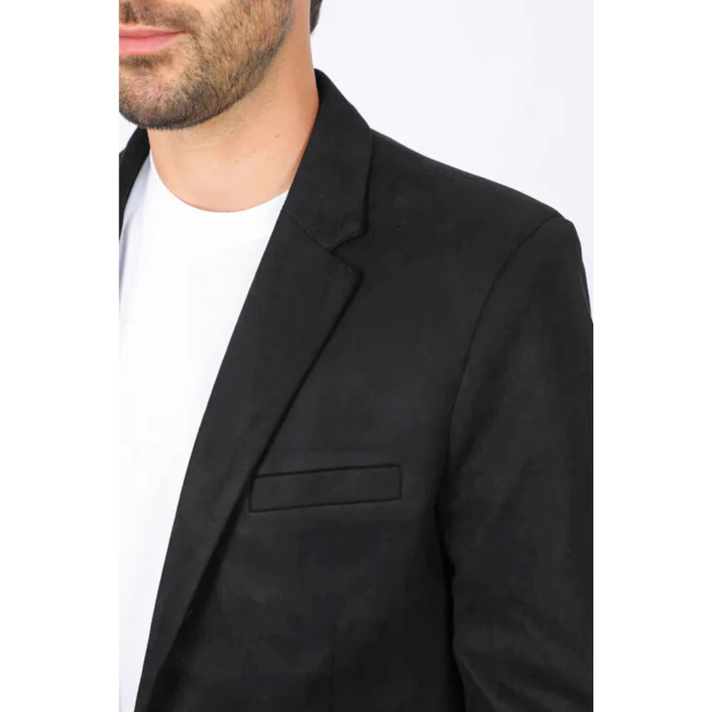Platini Men’s Double-Button Black Faux Suede Blazer – Slim Fit