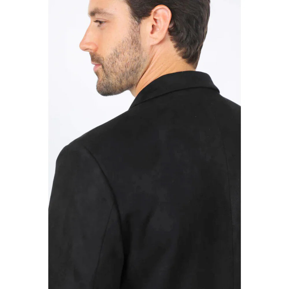 Platini Men’s Double-Button Black Faux Suede Blazer – Slim Fit