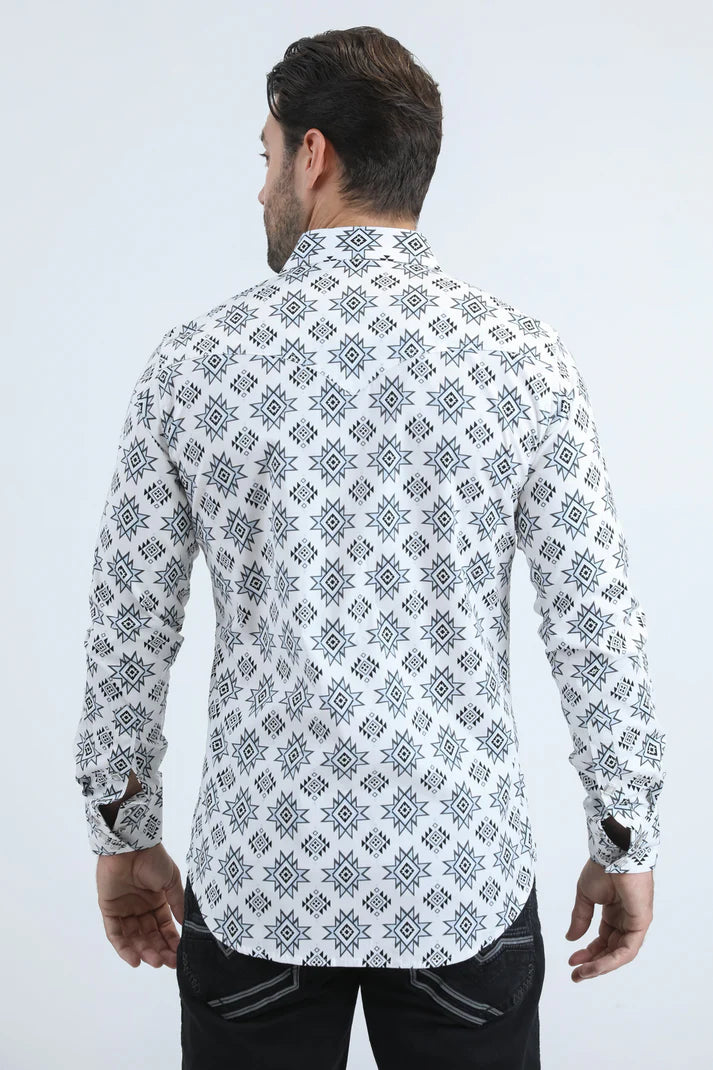 Platini Mens Western Modern Fit Cotton/Spandex Long Sleeve White Shirt with Snaps 11077