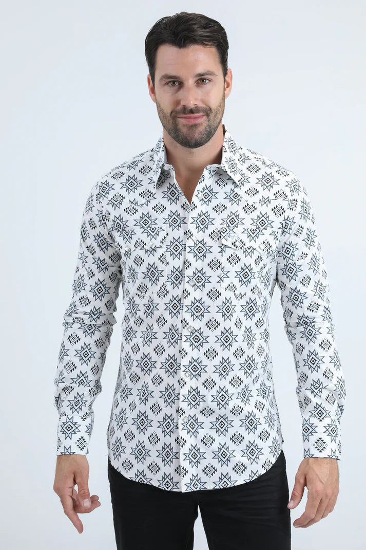 Platini Mens Western Modern Fit Cotton/Spandex Long Sleeve White Shirt with Snaps 11077