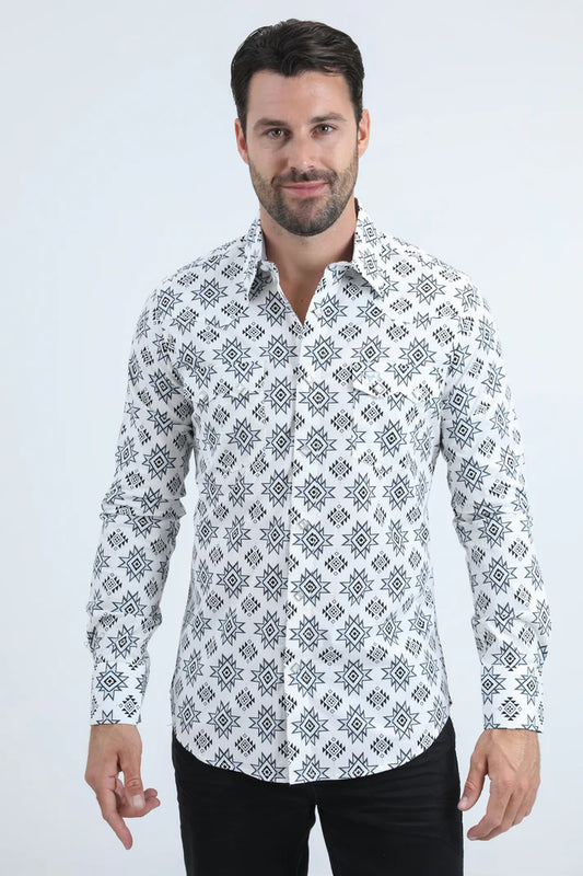 Platini Mens Western Modern Fit Cotton/Spandex Long Sleeve White Shirt with Snaps 11077