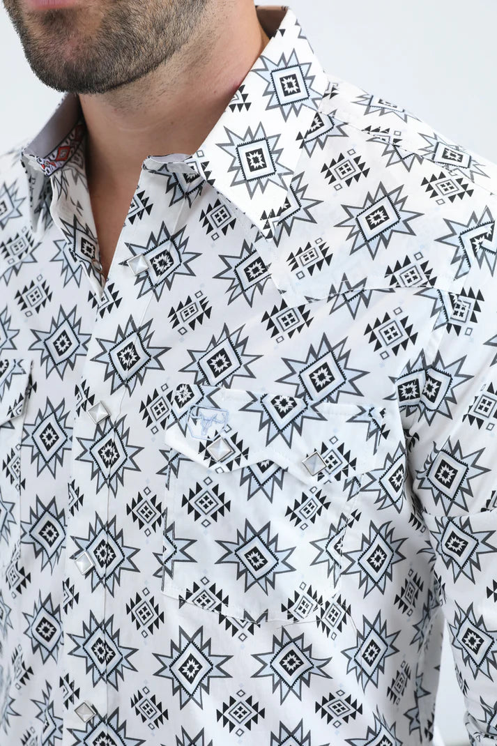 Platini Mens Western Modern Fit Cotton/Spandex Long Sleeve White Shirt with Snaps 11077