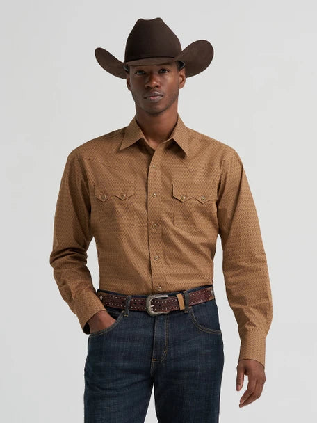 Wrangler Men's Retro Modern Fit Long Sleeve Western Snap Shirt Brown Print 112385599