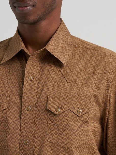 Wrangler Men's Retro Modern Fit Long Sleeve Western Snap Shirt Brown Print 112385599